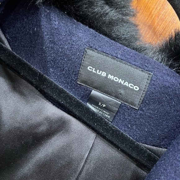 Club Monaco Navy Blue Lamb Fur Hooded Wool Coat Small - Picture 6 of 9